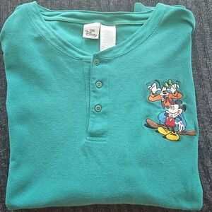 Disney  Crew Neck  Shirt Men's XXL Green Short Sleeve Cotton Button Casual